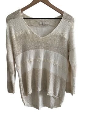 LOFT Open Knit Fringe Sweater Medium V-Neck Pullover Boho Coastal Grandma Beach